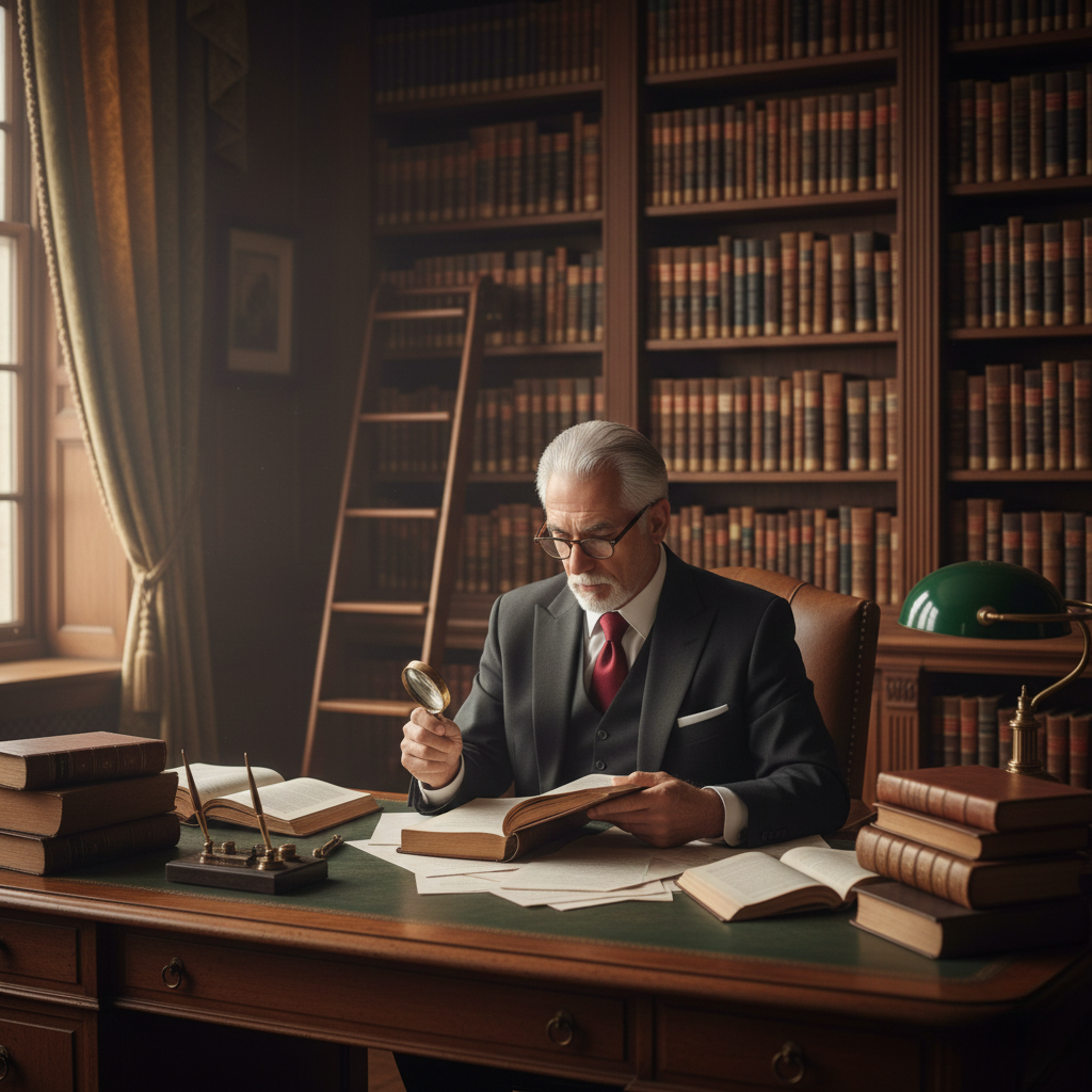 Experienced legal advisor in a traditional law library using a magnifying glass to conduct meticulous legal research.