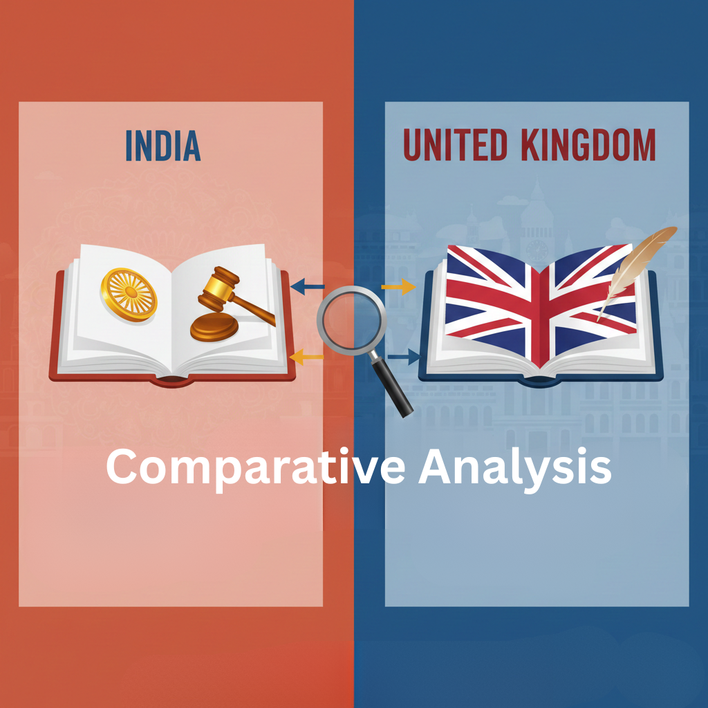 Comparative study of Indian and UK corporate governance codes featuring the national flags and scales of justice.
