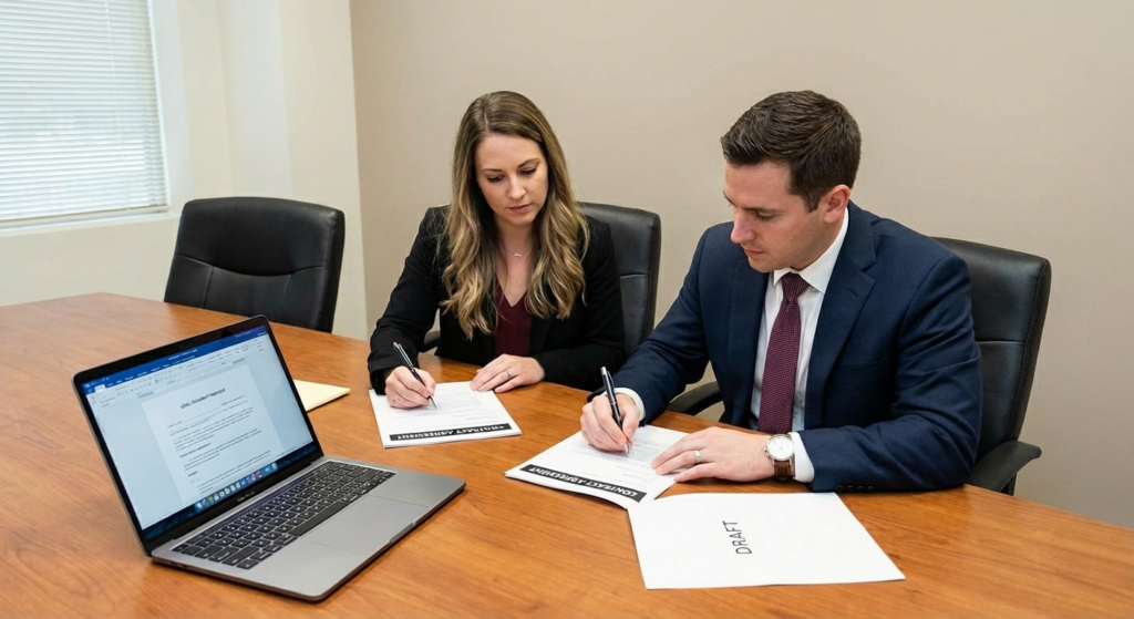 Professional contract drafting services showing a pen on a legally binding business agreement.