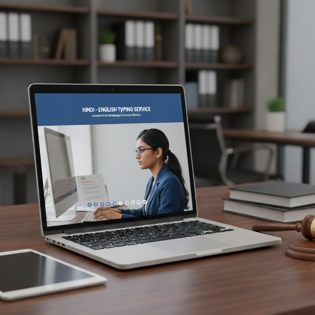 Professional Hindi and English typing service provider working on a laptop.