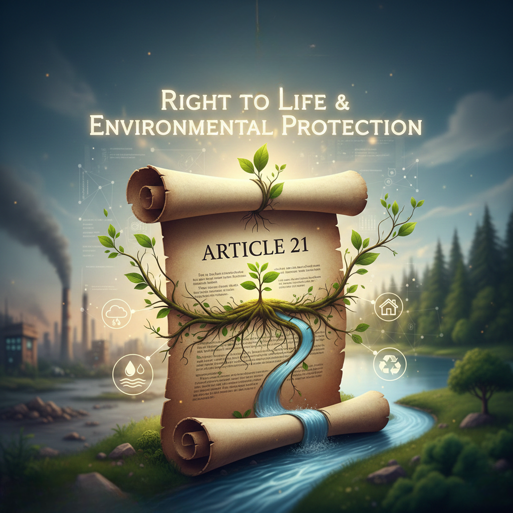 Contrast between urban pollution and a clean park, highlighting the need for environmental protection under Article 21