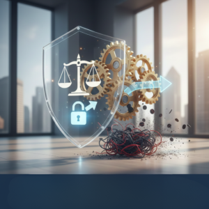 Digital icon of a shield protecting a document, representing confidential whistleblower reporting and protection policies.