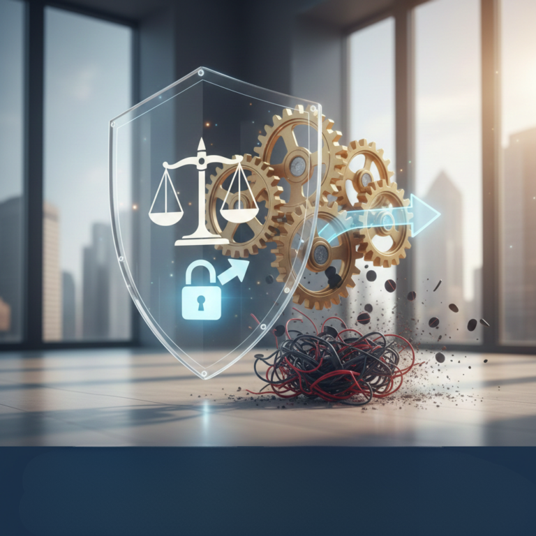 Digital icon of a shield protecting a document, representing confidential whistleblower reporting and protection policies.